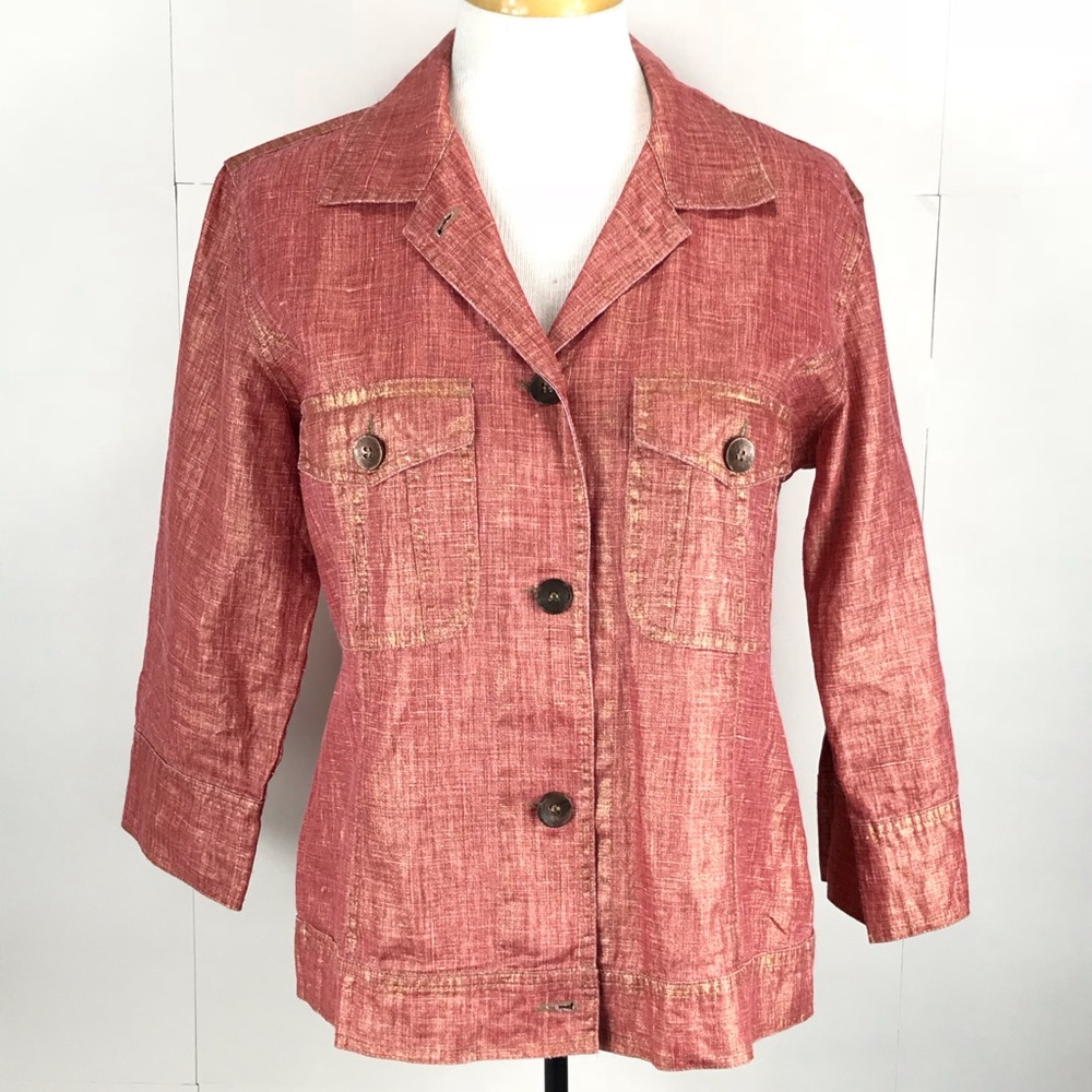 CHICOS Womens Blazer Linen Red Orange Metallic